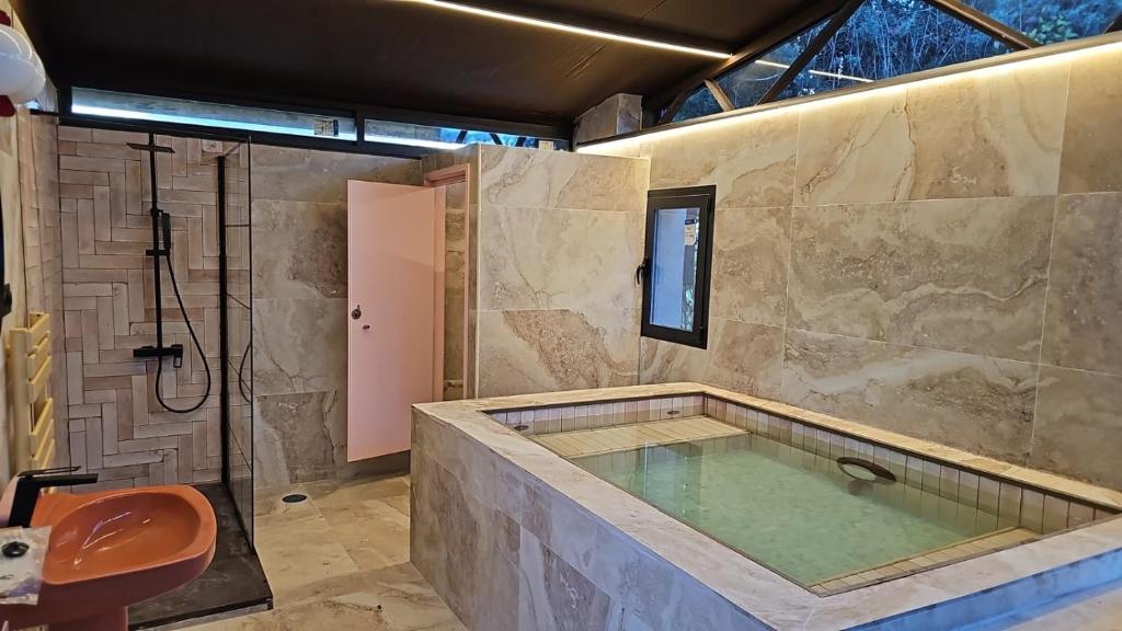 钦琼HEARTS & PONIES Apartamentos con piscinas privadas cerca de la Warner的设有带大浴缸和淋浴的浴室