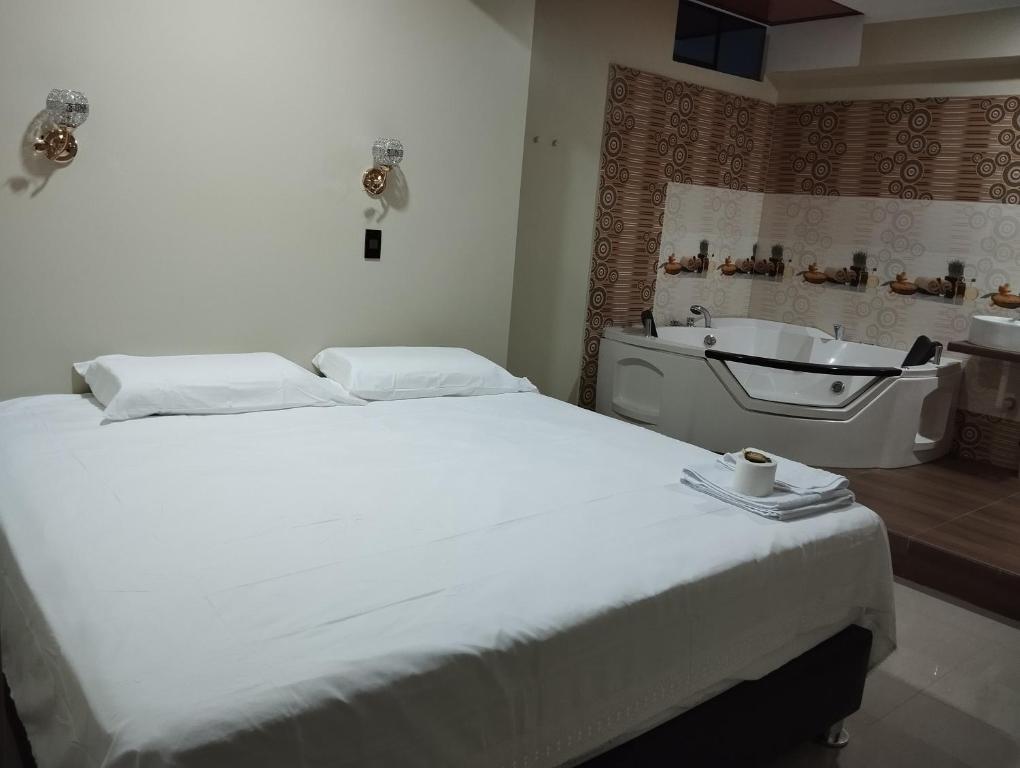 哈恩Hotel Amazon deluxe的一间卧室配有一张床、一个浴缸和一个水槽