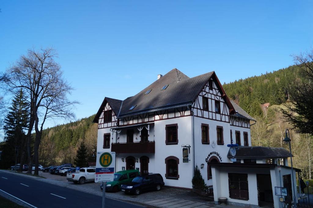 WildenthalGasthof und Pension Hammerschänke的白色的建筑,在道路的一侧有黑色的屋顶