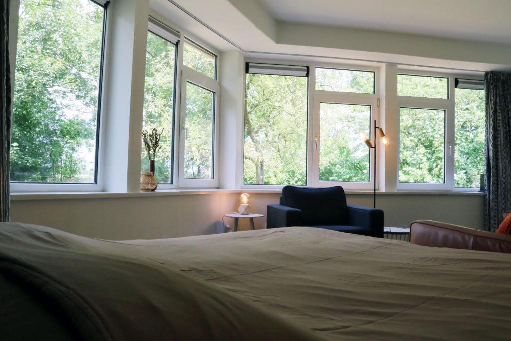ValtheEco Lodge Drenthe的一间卧室配有一张床、一把椅子和窗户。