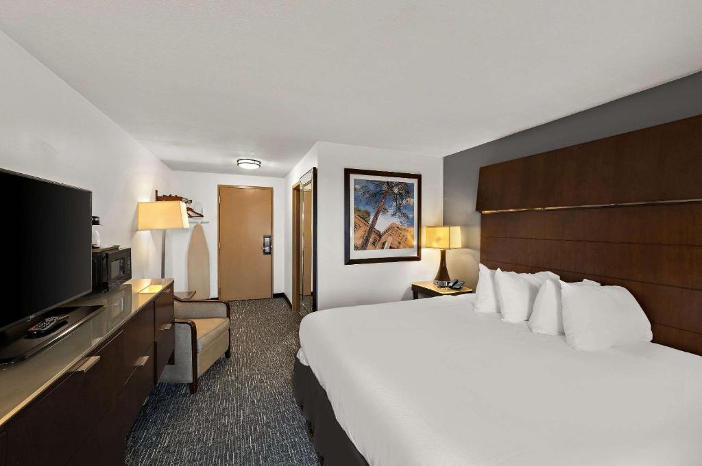 CaribouQuality Inn & Suites的一间酒店客房,配有一张大床和一台平面电视