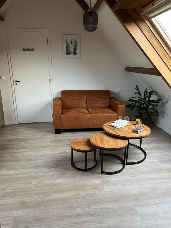 韦斯特卡佩勒Ruim appartement met sauna, Zuidstraat 125 in Westkapelle的客厅配有沙发和2张桌子