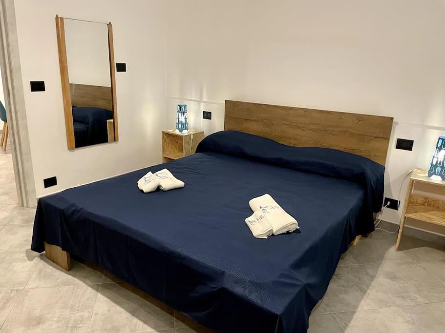 基瓦索Hd Guesthouse的一间卧室配有蓝色的床和2条毛巾