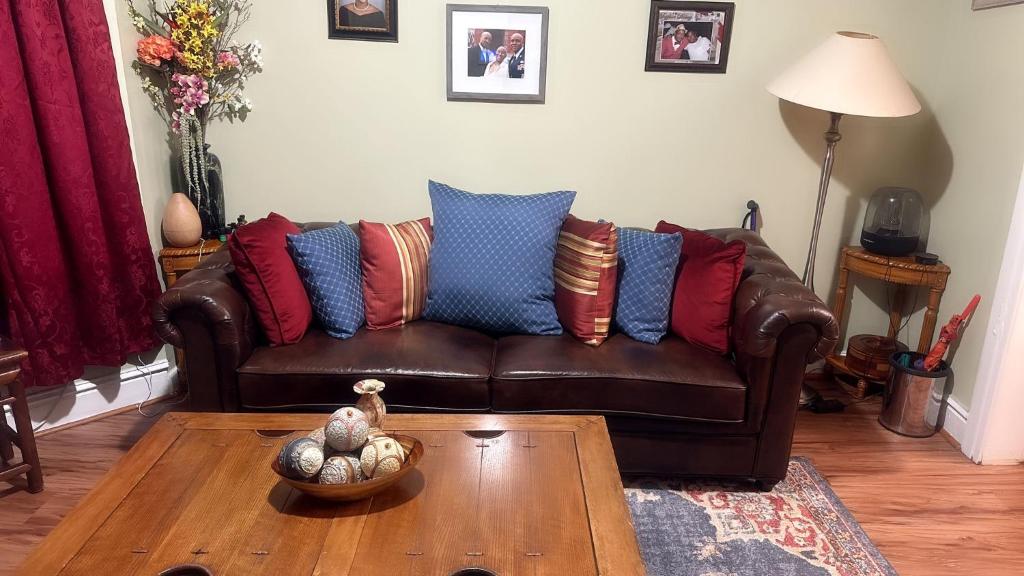 泽西市Genevieve’s comfort pad的客厅配有带彩色枕头的棕色皮沙发