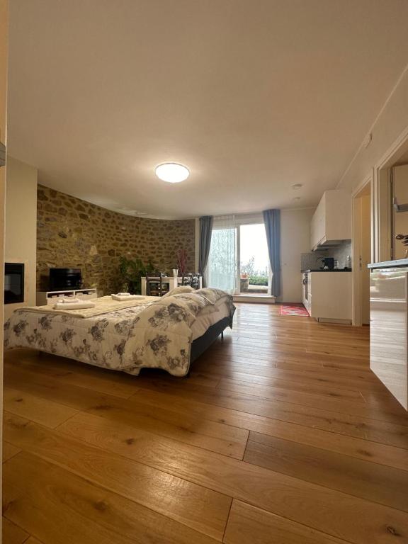 蒙塔尔奇诺Podere Belsogno-Miniappartamento Roseto的一间大卧室,中间设有一张床