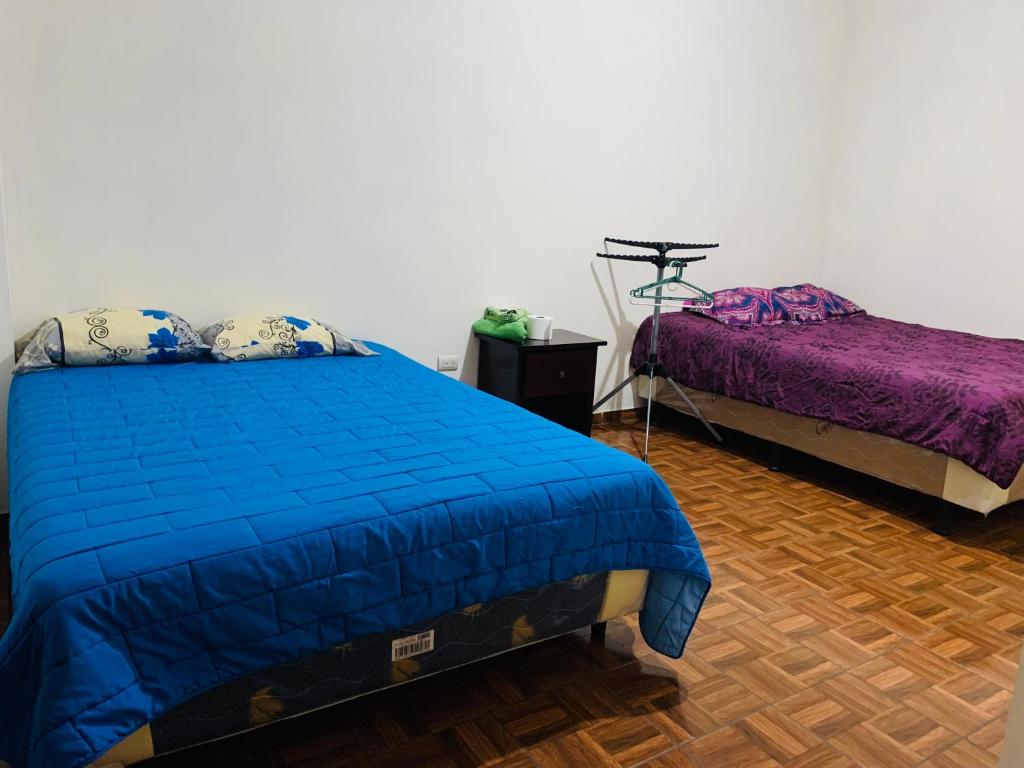 康塞普西翁德阿塔科Sucursal del Cielo的一间卧室配有两张紫色床单