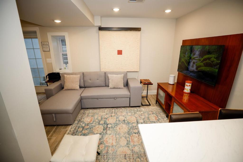 华盛顿Amma's Place的带沙发和电视的客厅