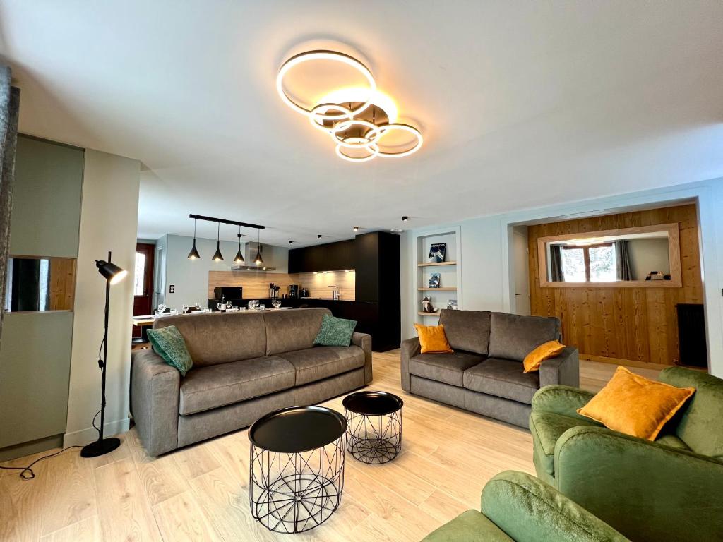 莱德萨阿尔卑斯Appartements Chalet Lauranoure Centre Station的一间带两张沙发的客厅和一间厨房