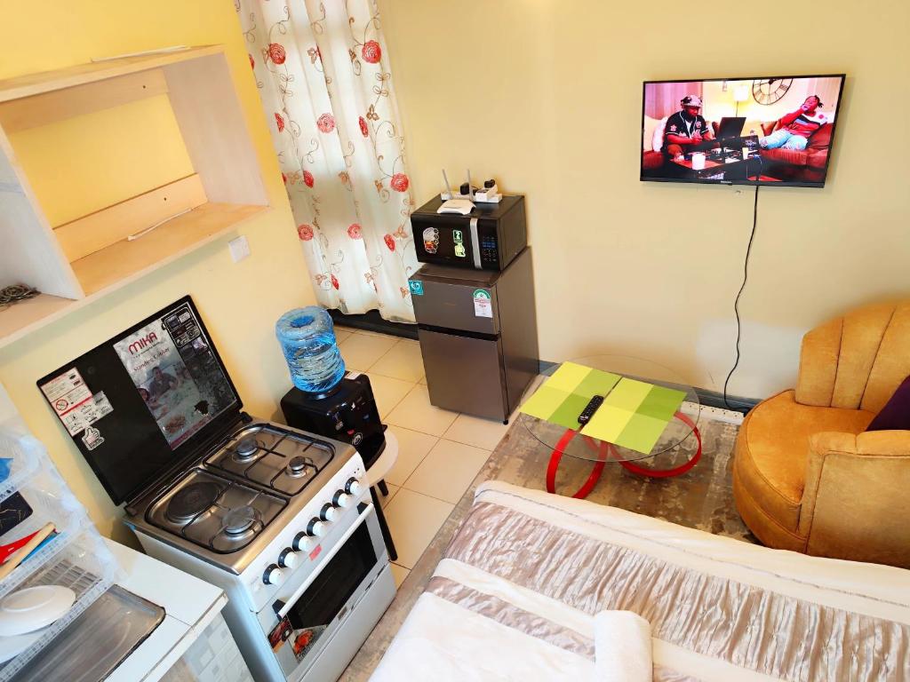 KikuyuThe Little Haven - Ample Parking, Views & Netflix的一间带炉灶和电视的小客厅