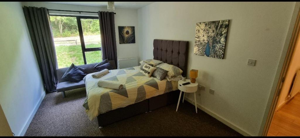 布伦特伍德Brentwood Town Retreat - Large 2 bedroom apartment的一间卧室设有一张床和一个窗口