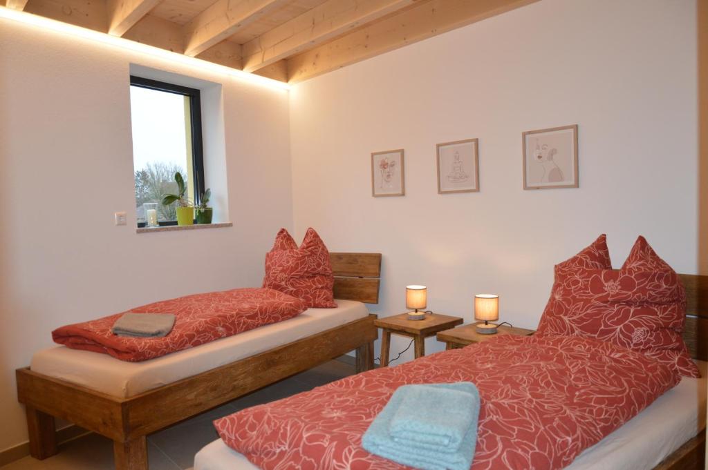 辛根Ferienwohnung, 1-Zimmer, 1-3 Personen, 31 qm, mit Balkon, in ruhige Lage, direkt an der Aach的一间卧室配有两张带红色枕头的床和窗户。