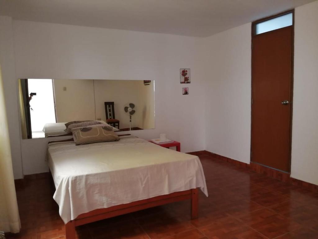 特鲁希略Hotel Huanchaco的一间卧室配有一张床和一面大镜子