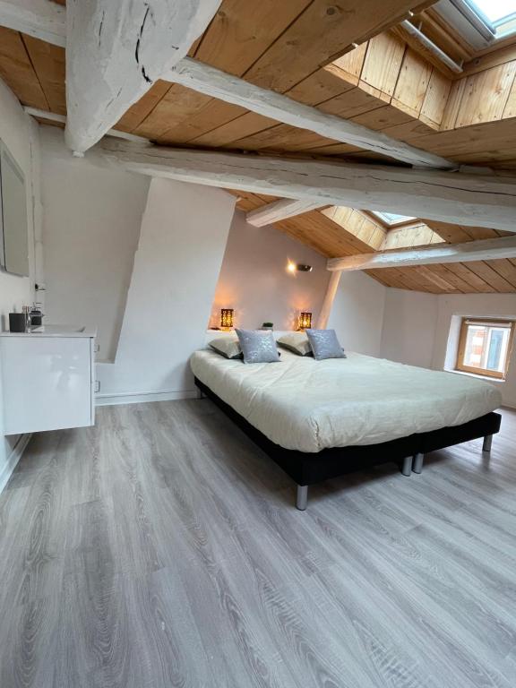 克莱蒙费朗Le Duplex - Hyper centre - Tout équipé - Parking的一间卧室设有一张大床和木制天花板。