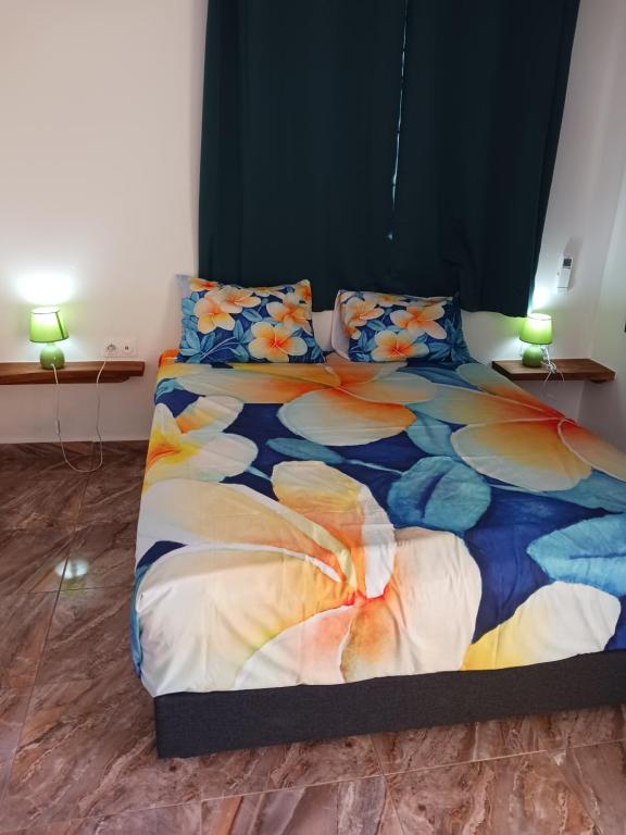 乌图罗阿Ohana RBNB studio "Havai "的一间卧室配有一张带色彩缤纷的被子和枕头的床。
