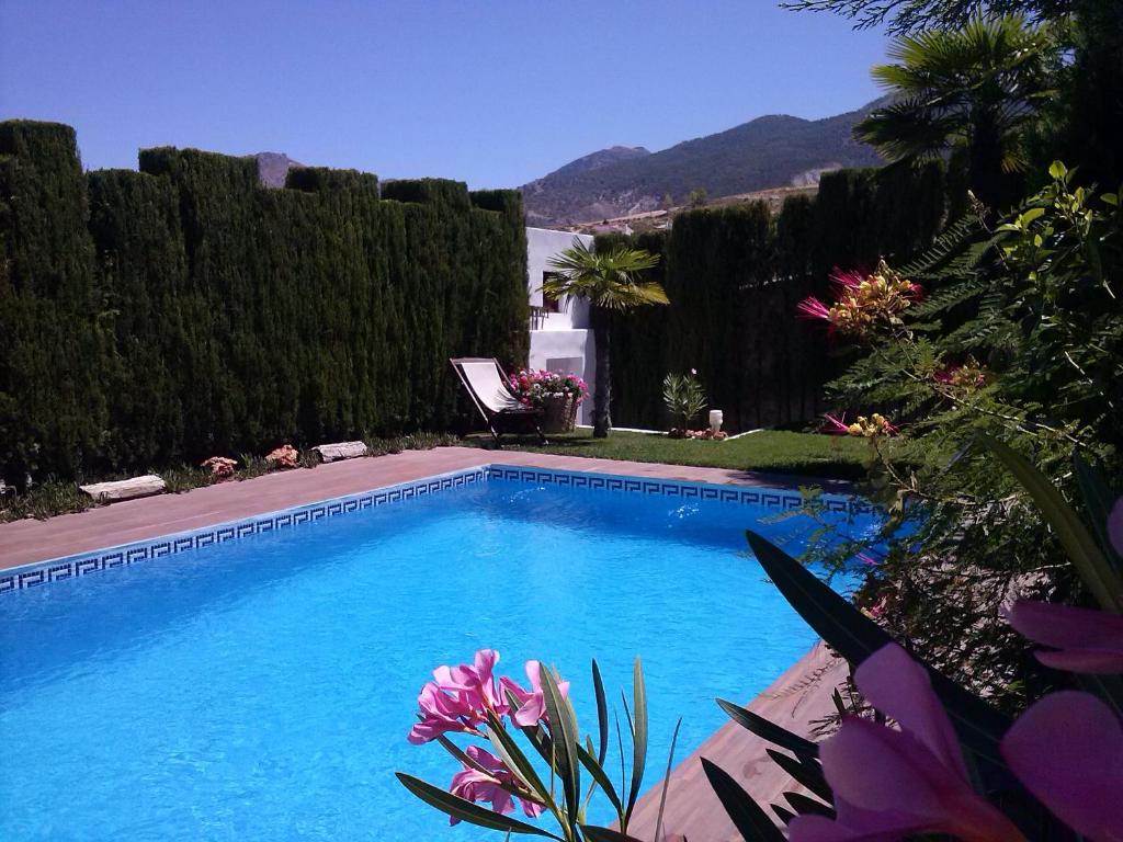 莫纳奇尔Chalet AIRAM的一座鲜花庭院里的大型游泳池