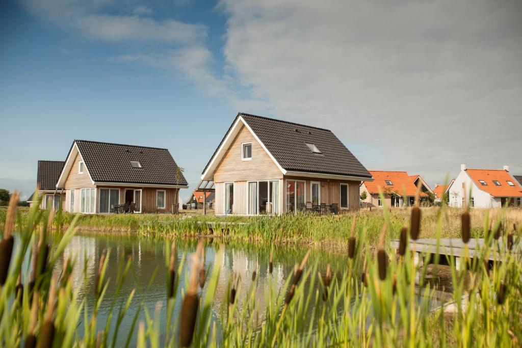 尼乌弗利特Dormio Strand Resort Nieuwvliet-Bad的水体旁的几座房子