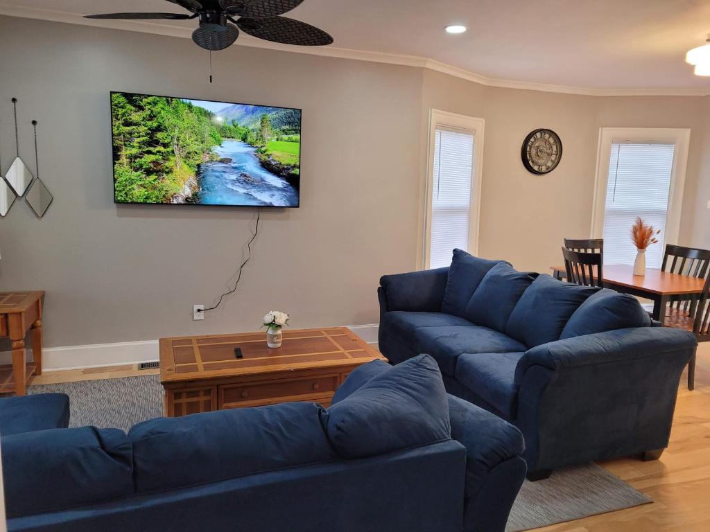 布法罗Two level full house in downtown的客厅配有蓝色的沙发和墙上的电视