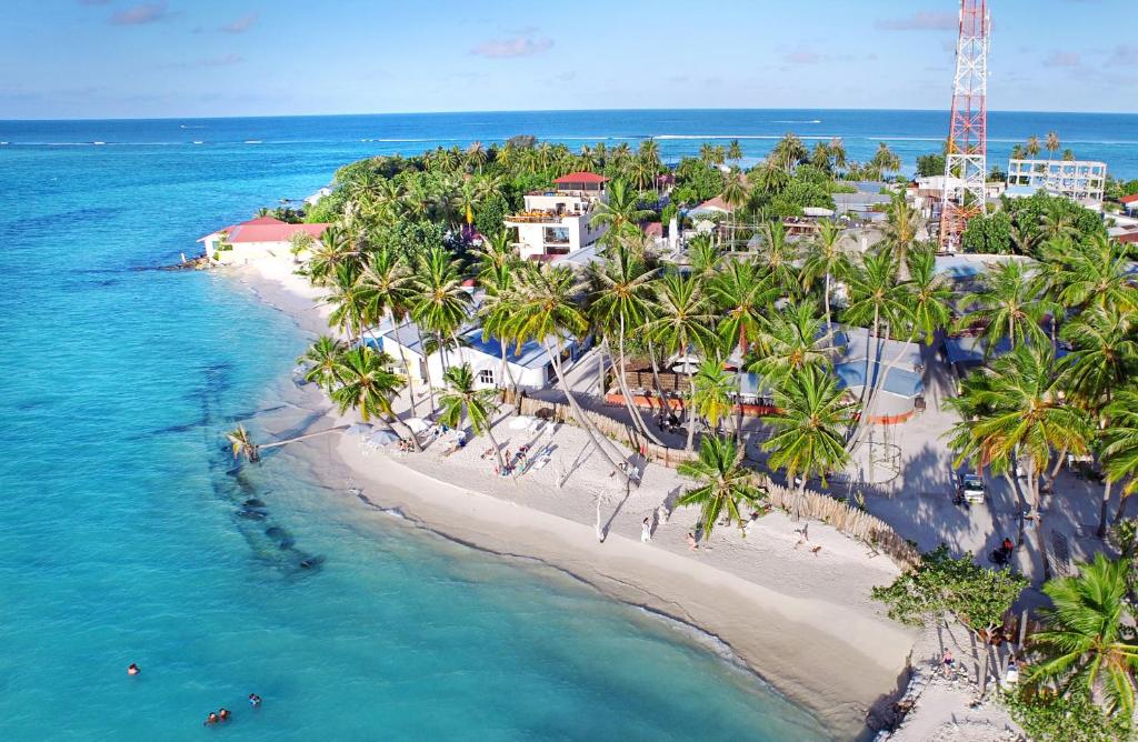 马富施Faza View Inn, Maafushi的棕榈树海滩的空中景致