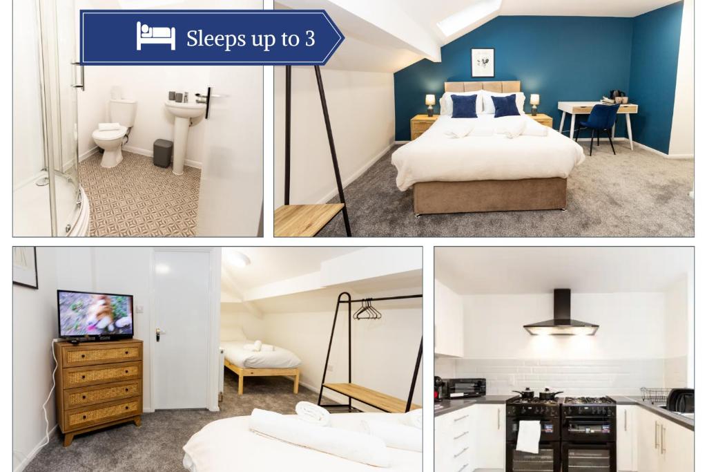 奥尔德姆Suite 7 - Family Room in the Heart of Oldham的配有一张床和一张书桌的酒店客房