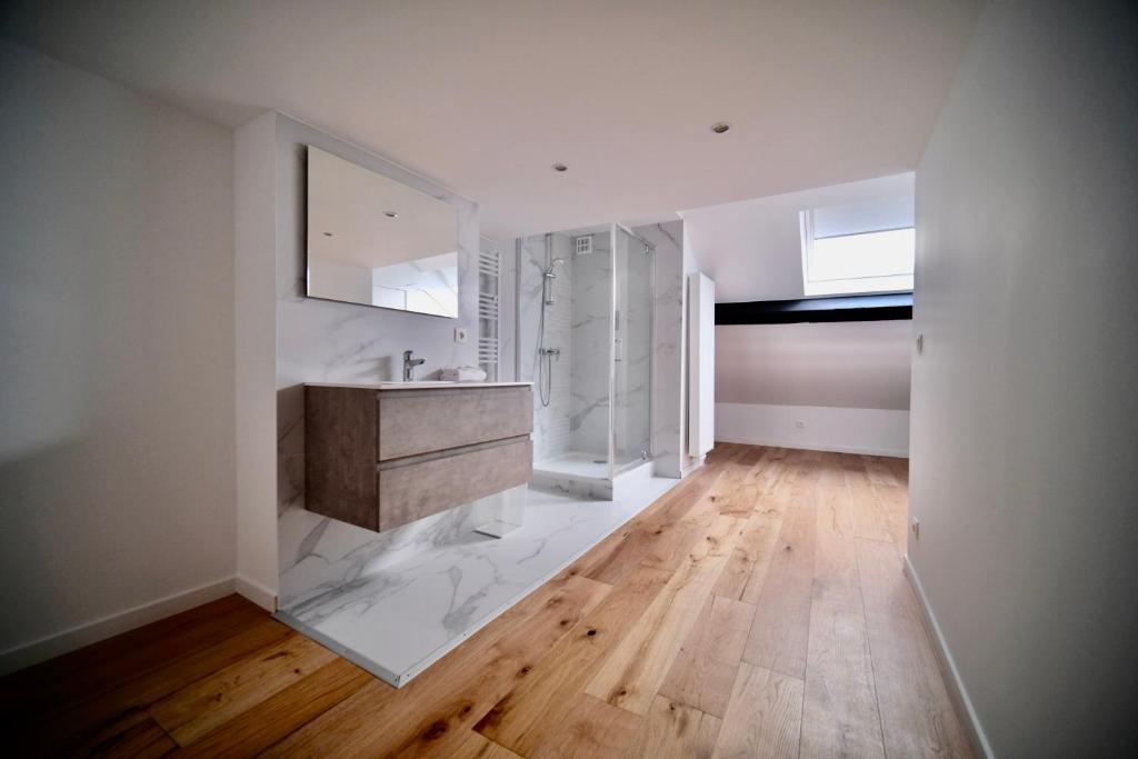 布鲁塞尔Smart Appart - Bossaerts的一间带水槽和玻璃淋浴的浴室