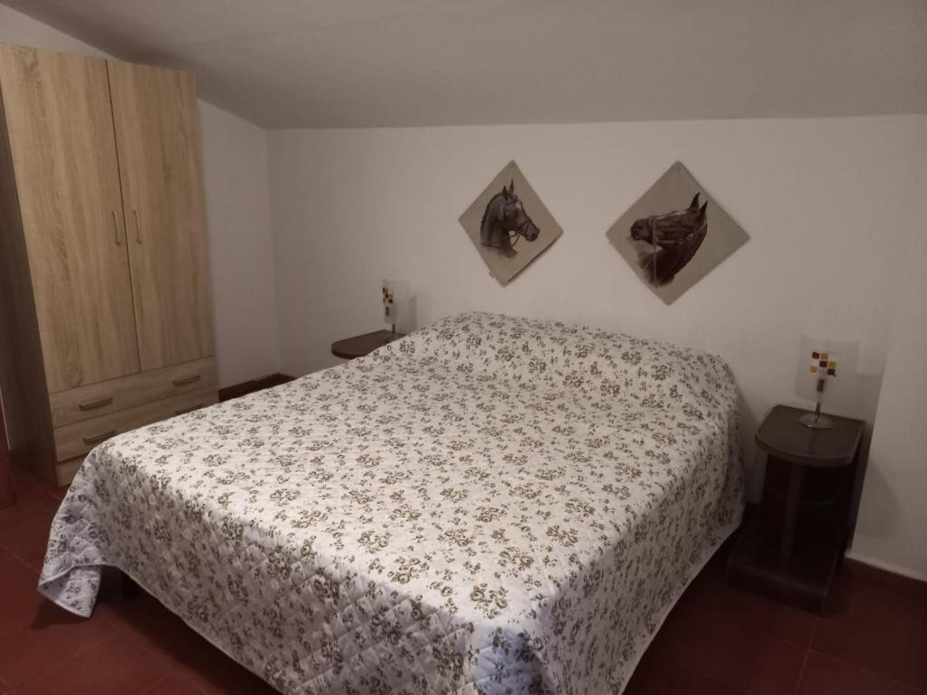 桑格罗堡Valle Salice的卧室配有一张床,墙上挂有两张照片
