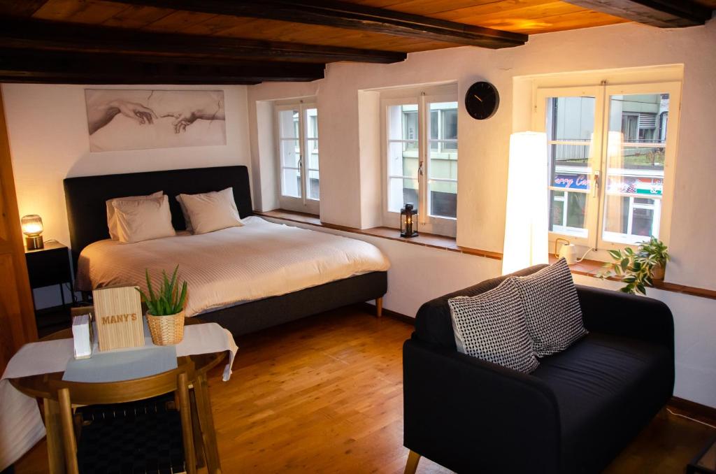苏黎世MANY'S historical city central APARTMENTS的一间卧室配有一张床、一把椅子和窗户。