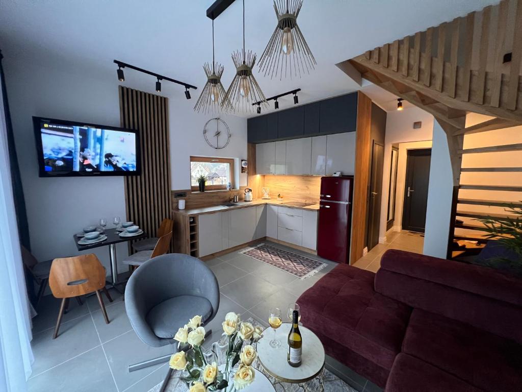 库多瓦-兹德鲁伊Villa Monte Apartament z ogrodem的客厅以及带沙发和桌子的厨房。