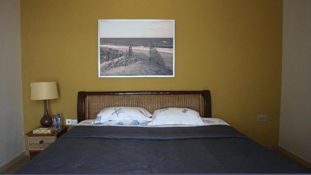 阿克拉Cliffhaven Beach Resort Hotel的一张带两个枕头的床和一张墙上的照片