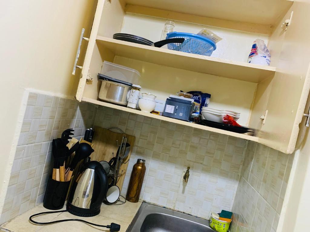 内罗毕SOMI'S Suites的厨房配有水槽和餐具台面