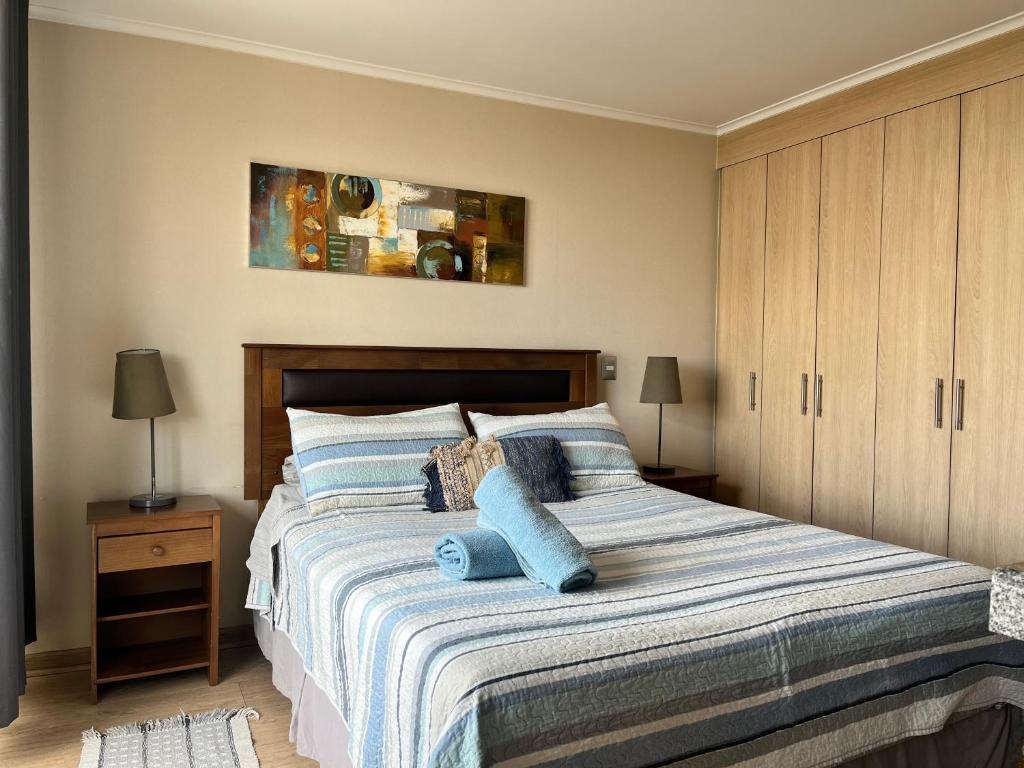 特木科Depto Estudio 1810 Centro Blanco的一间卧室配有一张带蓝色枕头的大床