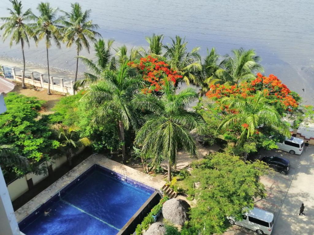 达累斯萨拉姆Arrabella Ocean View Home的享有度假村的空中景致,设有游泳池和棕榈树
