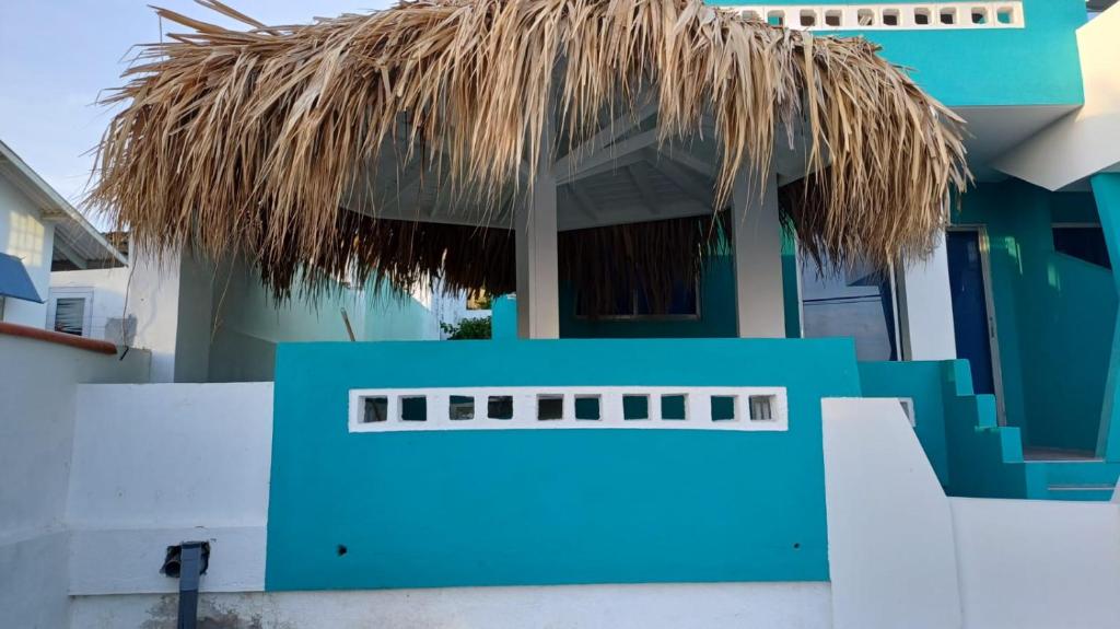 威廉斯塔德Dushi Curaçaose appartement的蓝色房子,带茅草屋顶