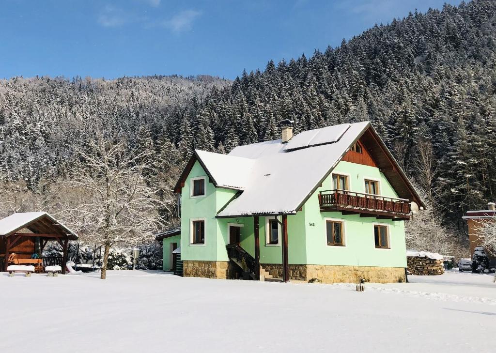 卢奇基VILLA LÚČKY的雪中带雪盖屋顶的房子