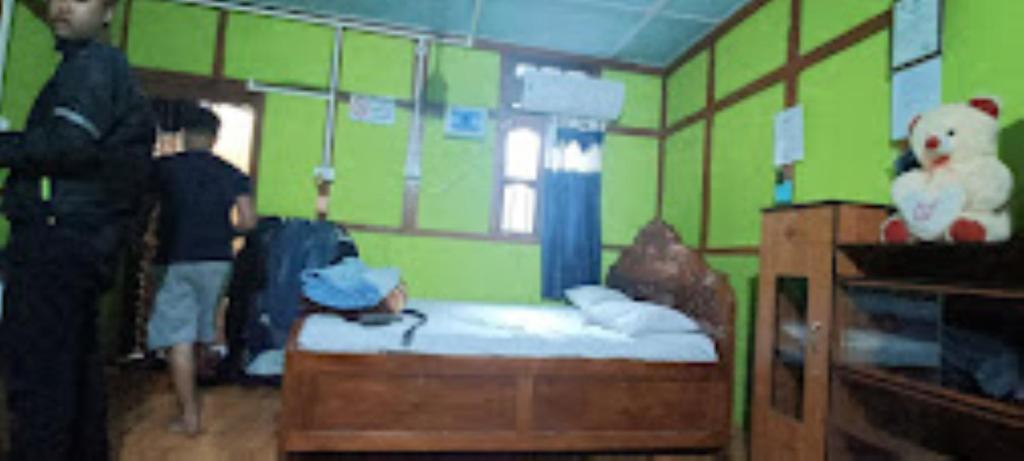 Ninashi Homestay Wakro的小房间,配有一张带泰迪熊的床