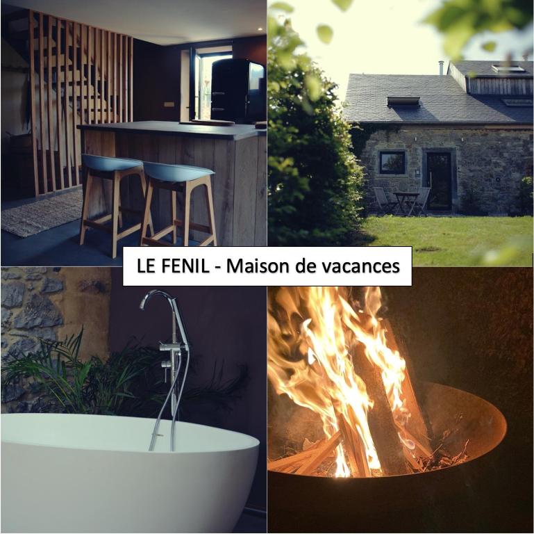 西内La petite Reuleau - Gites champêtre le "FENIL" et la "FERMETTE et son sauna privatif"的照片与火坑和房屋相拼合