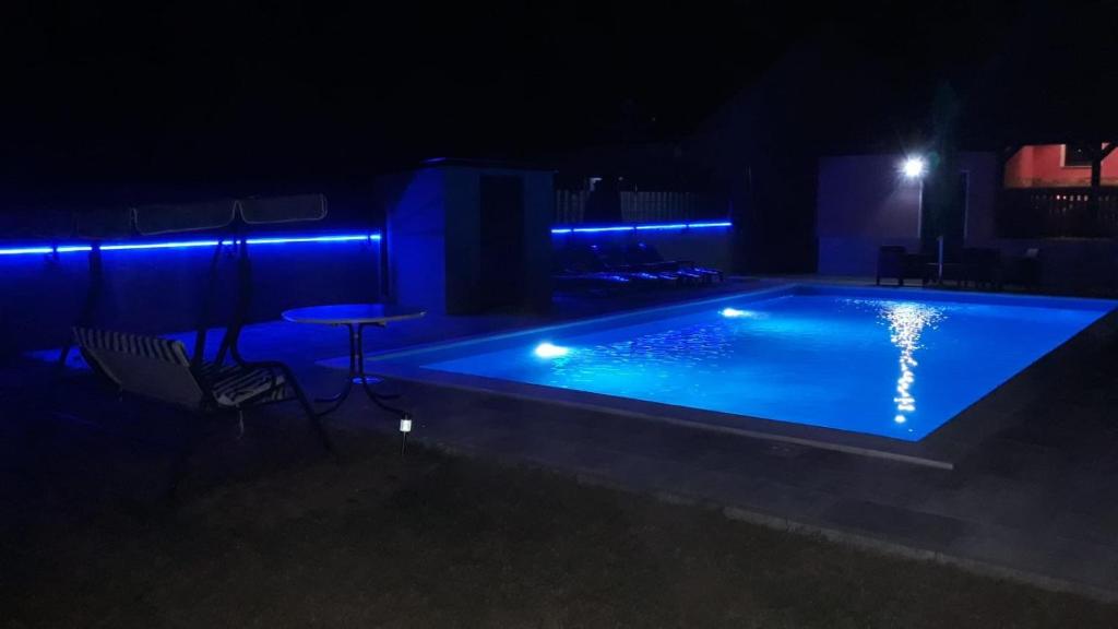 ZolaćiVilla Ruzmarin的夜晚的游泳池,灯光蓝色