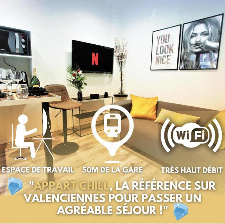 瓦朗西纳Appart Chill & Work - 50m Gare de Valenciennes的客厅配有沙发和桌子