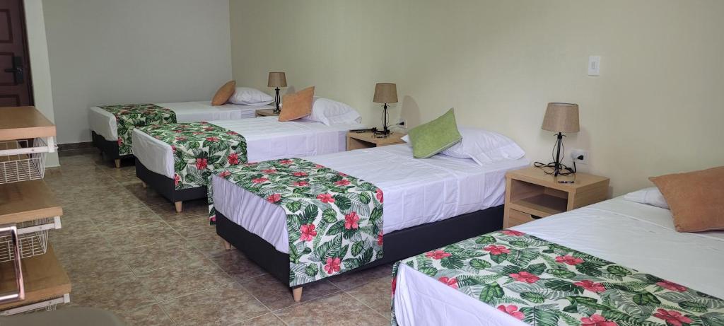 布卡拉曼加Casa 59 - Guest House的一间酒店客房,房间内设有三张床