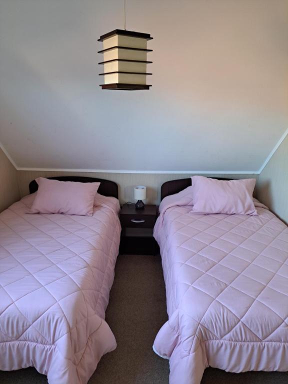 科伊艾科House Patagonia III的两张睡床彼此相邻,位于一个房间里
