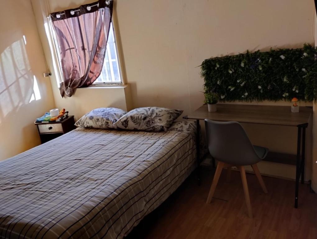 科皮亚波valle的一间卧室配有一张床、一张书桌和一个窗户。