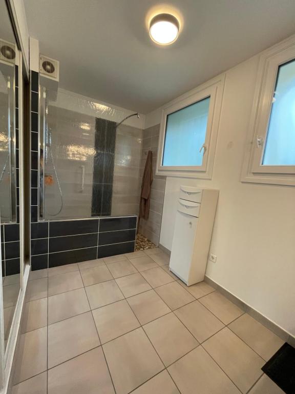 巴斯洛内特Chalet Barcelonnette - location saisonnière的带淋浴的浴室和冰箱。