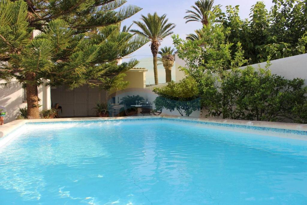 厄尔·波普瑙·德尔·戴尔Llevantada - Casa en Poblenou del Delta con piscina privada y barbacoa的一个种有棕榈树的大型蓝色游泳池