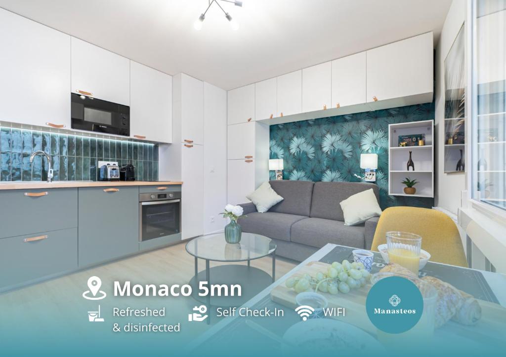 博索莱伊Frontière Monaco, Studio rénové - AE的客厅配有沙发和桌子