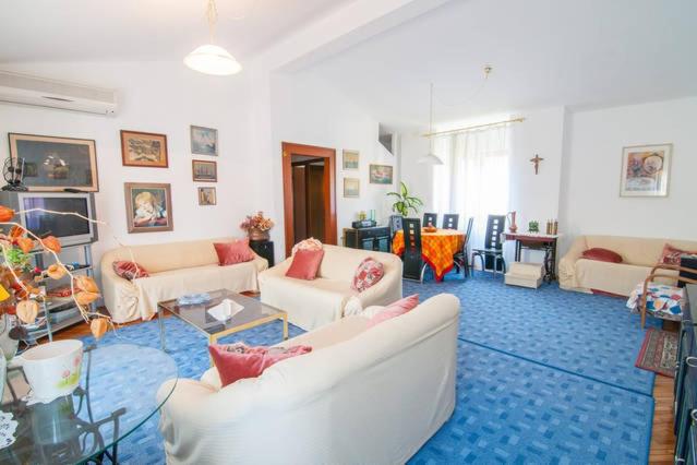 默克斯卡里奥Xxl公寓的客厅配有白色家具和蓝色地毯。