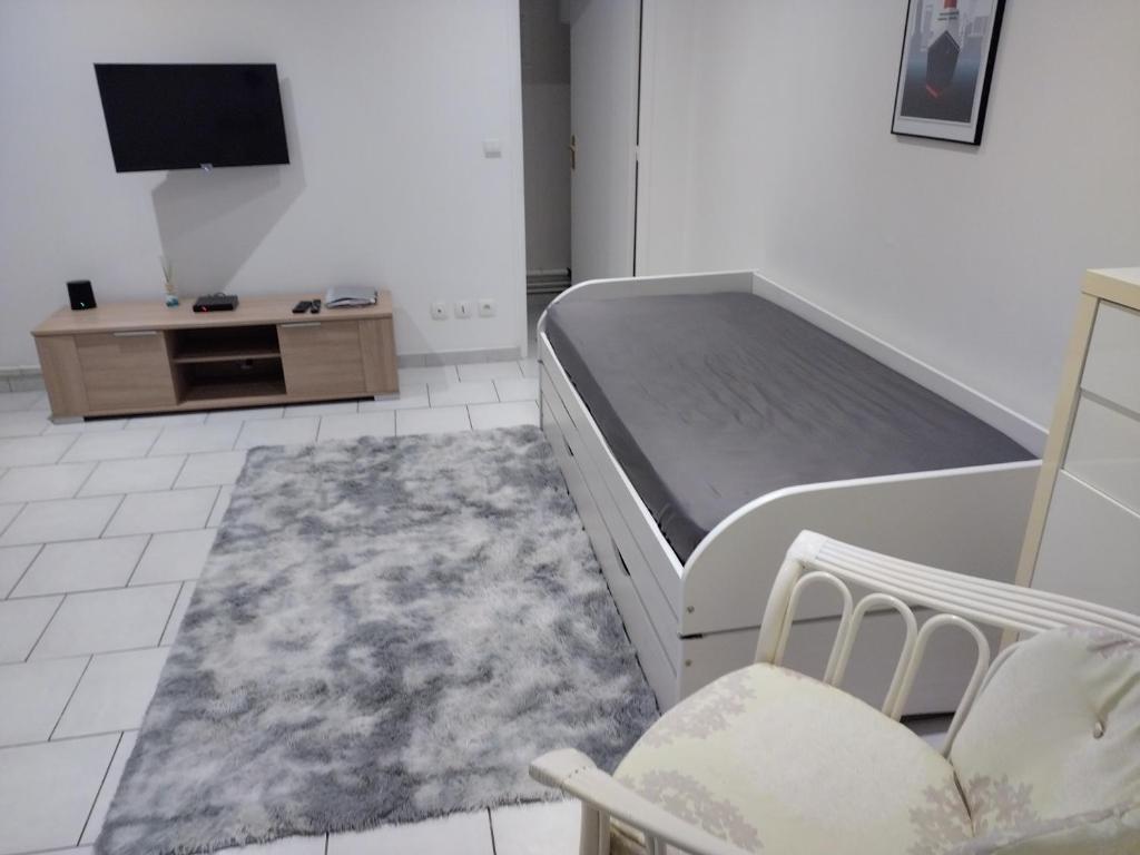 勒阿弗尔charmant studio canapé lit Netflix prime vidéo wifi的一间卧室配有一张床、一台电视和椅子