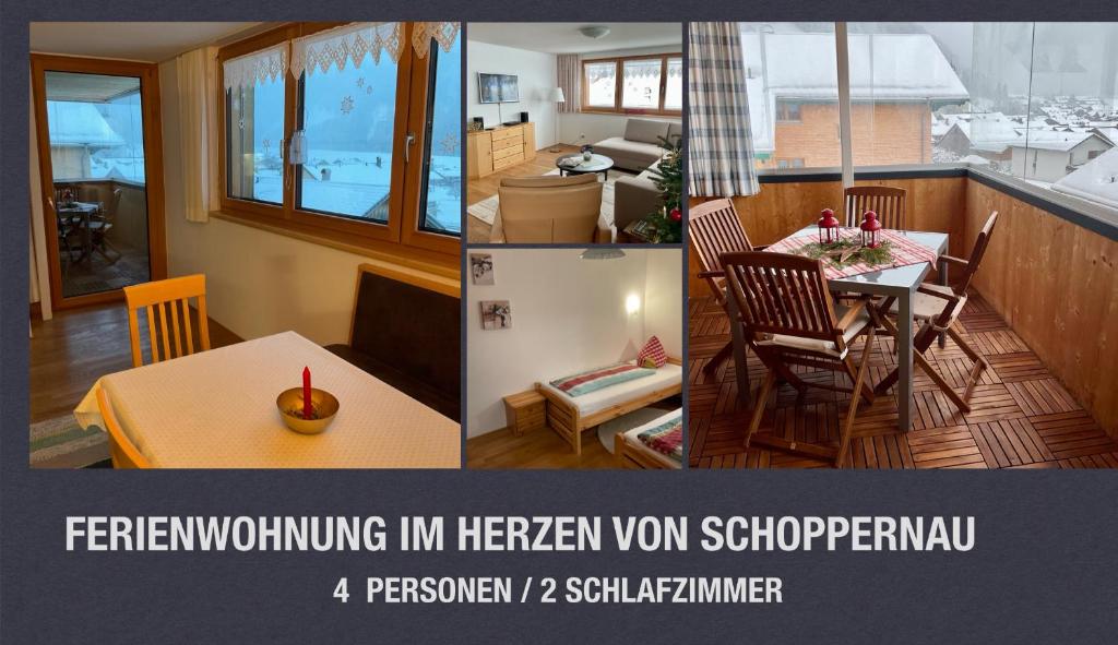 施科佩尔瑙Ferienwohnung Schoppernau的两张照片,一张厨房和一张桌子的房间