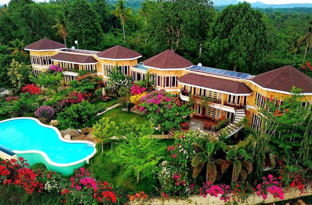 MagamomoCastle View Hotel Samal的享有带游泳池的房屋的空中景致