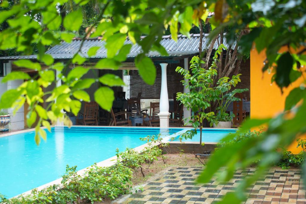 达瓦拉维乌达瓦拉瓦大象休憩酒店的一座树木繁茂的房屋前的游泳池