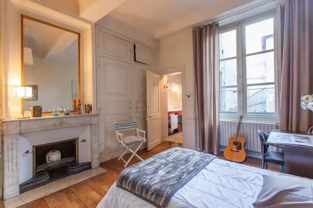 格勒诺布尔Chambre privée en hyper-centre de Grenoble的一间卧室设有壁炉、一张床和镜子