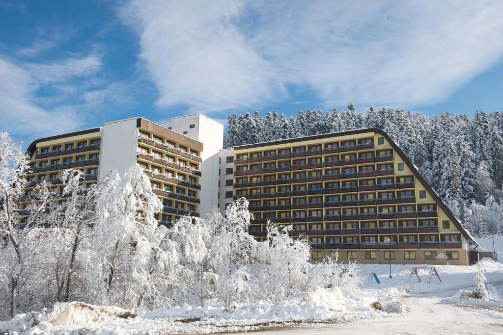 旧柳博夫尼亚Hotel SOREA ĽUBOVŇA的前面有雪覆盖的树木的建筑